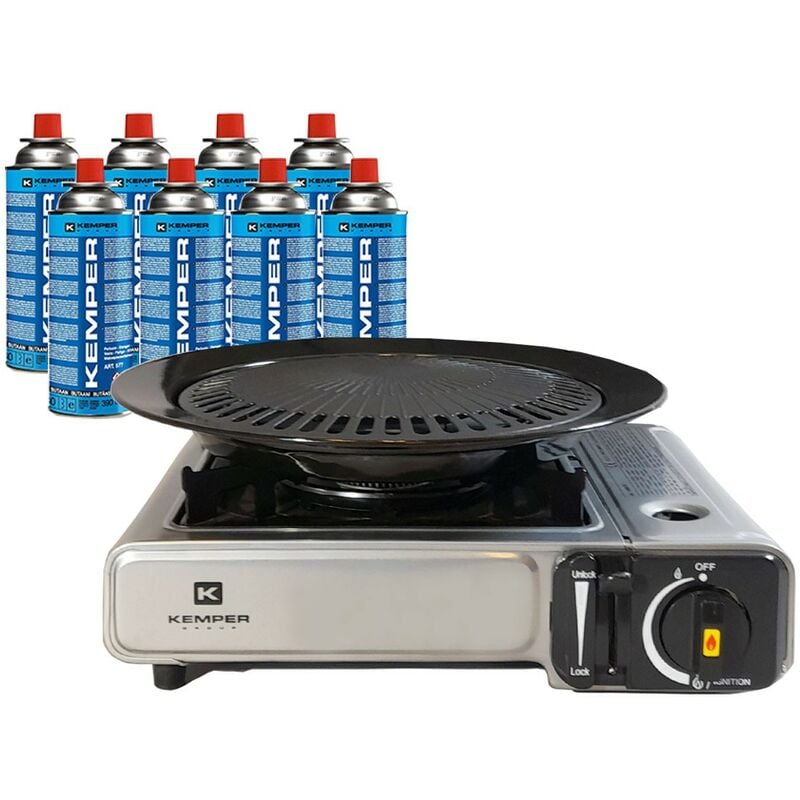 Kemper - Barbecue Grill 2 en 1 Réchaud gaz piézo 2200W + Plaque grill + 8 cartouches gaz Butane Camping - grey