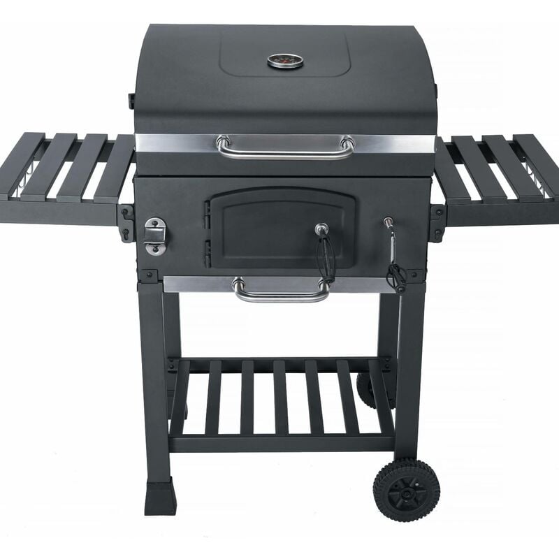 Sweeek - Barbecue Grill charbon de bois noir - Fumoir avec récupérateur de cendres. aérateurs. bac charbon ajustable et tablettes rabattables - Noir