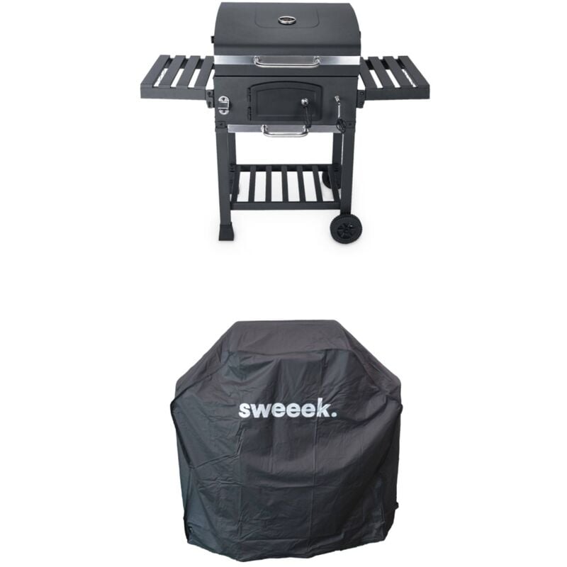 Sweeek - Barbecue Grill charbon de bois noir - Fumoir avec récupérateur de cendres. aérateurs. bac charbon ajustable et tablettes rabattables +
