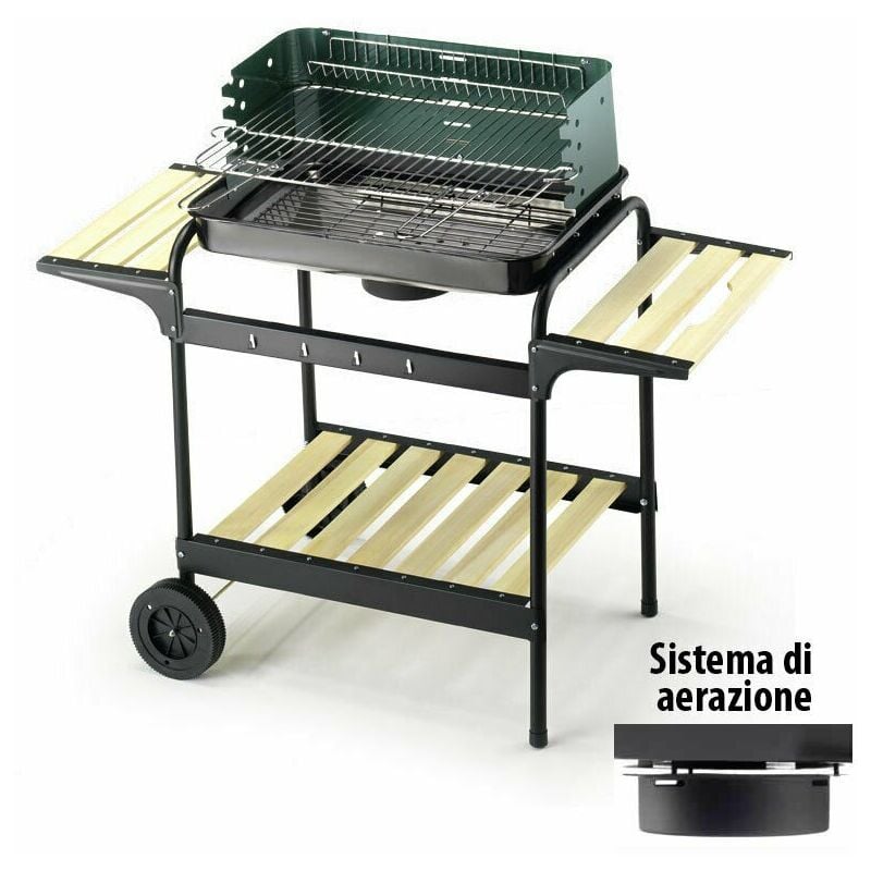 Barbecue Carbonella Portatile Carrello Ruote Ripiani Legno Carbone Ompagrill