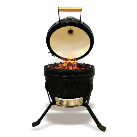 Barbecue Kamado a Carbone in Ceramica con Termometro, Griglia in Acciaio Inox SS304 Ø26 cm, Ventilazione Regolabile, BBQ Compatto da Giardino e Terrazzo