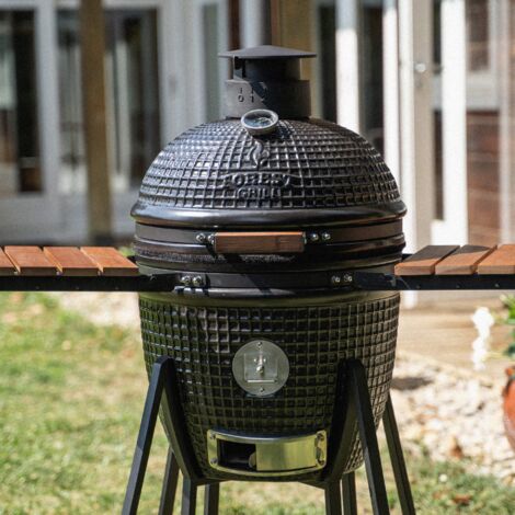Barbecue Kamado céramique 46x69cm pour 6 à 8 personnes – Grille inox 38cm – Pierre à pizza incluse – Charbon de bois