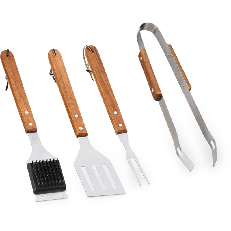 Relaxdays - barbecue, lot de 4 ustensiles (spatule, fourchette, pince et brosse), acier inox et bois d'acacia, argenté et marron