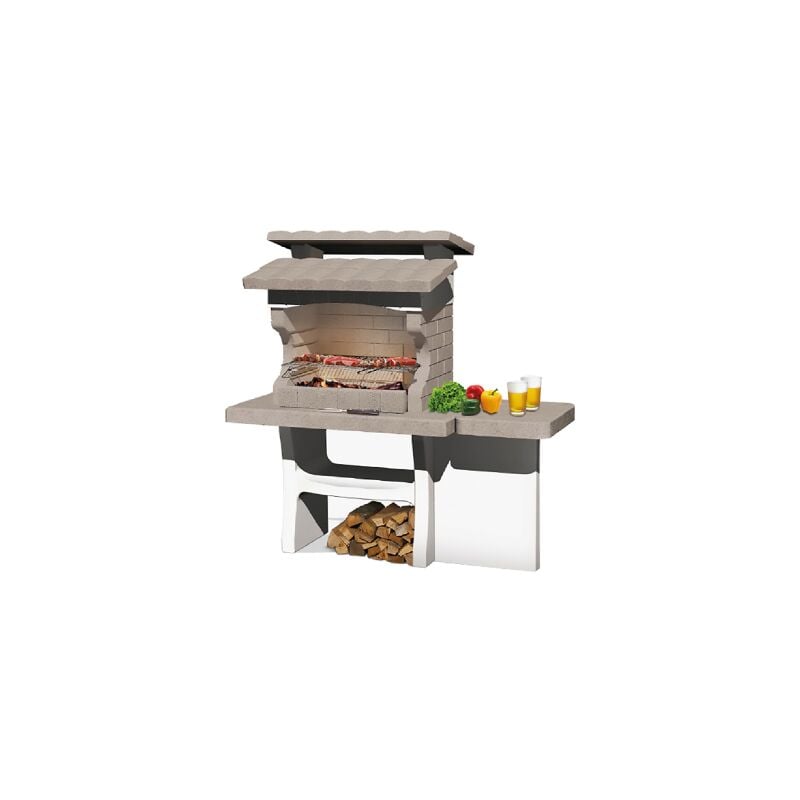 Barbecue Luxor en be'ton re'fractaire style briquette sur foyer et toit avec hotte et grill 159x72x161,5 cm fonctionnant au charbon de bois ou au bois