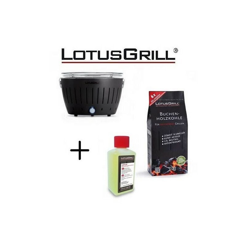 Lotus Grill - Barbecue Noir avec Piles et Câble d'Alimentation usb + 1Kg de Charbon de Bois de Hêtre + Gel Combustible Inodore pour Barbecue 200ml