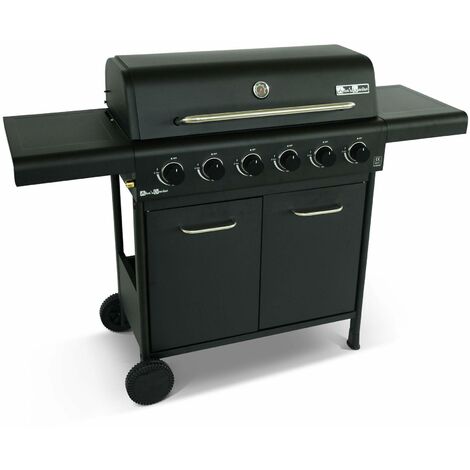 Barbecue noir et inox au gaz 6 brûleurs avec rangement 2 tablettes rabattables 2 roues PVC