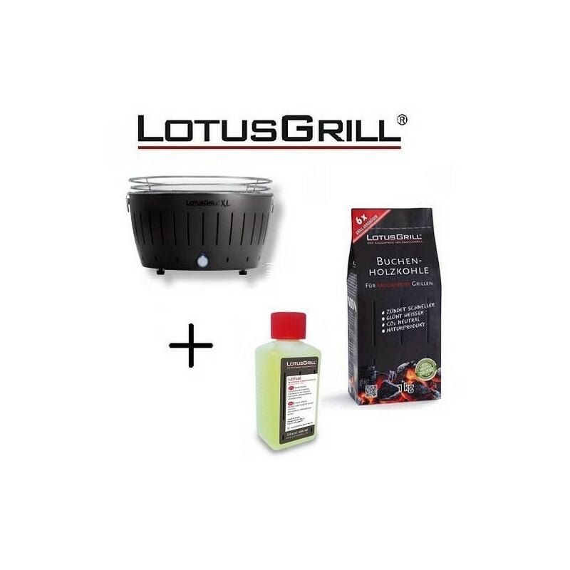 Barbecue Noir xl avec Piles et Câble d'Alimentation usb + 1Kg de Charbon de Bois de Hêtre + Gel Combustible Inodore pour Barbecue 200ml Lotus Grill