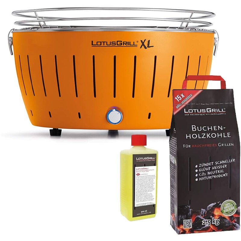 Lotus Grill - Barbecue Orange xl avec Piles et Câble d'Alimentation usb + 2,5Kg de Charbon de Bois de Hêtre + Gel Combustible 500ml