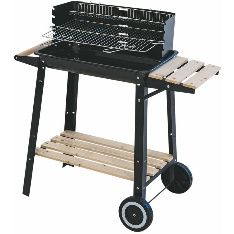 Bestbq - Barbecue rectangulaire avec roues étagères en bois dans la structure métallique