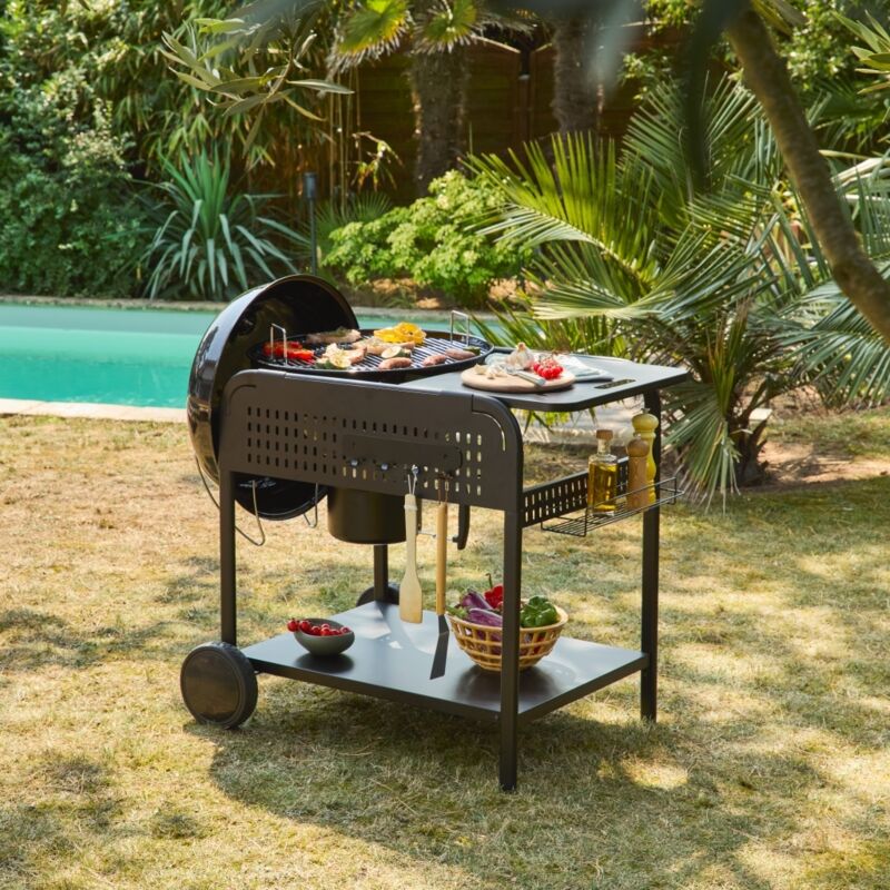 Barbecue rond charbon de bois acier émaillé Ø53cm. grill noir avec chariot - Maurice