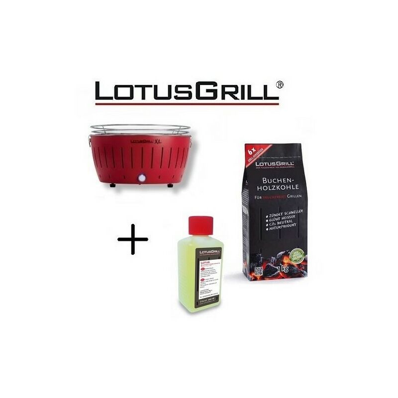 Lotus Grill - Barbecue Rouge xl avec Piles et Câble d'Alimentation usb + 1Kg de Charbon de Bois de Hêtre + Gel Combustible Inodore pour Barbecue 200ml