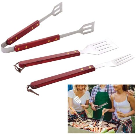 Barbecue Set 3 pz con Manico in Legno