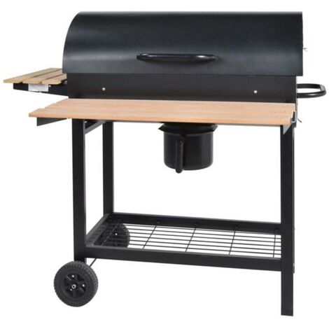 Barbecue charbon de bois 104 x 66 x 110 cm – Grille 71,5 x 38 cm – Structure métallique avec plateaux en bois – Thermomètre inclus – Habitex