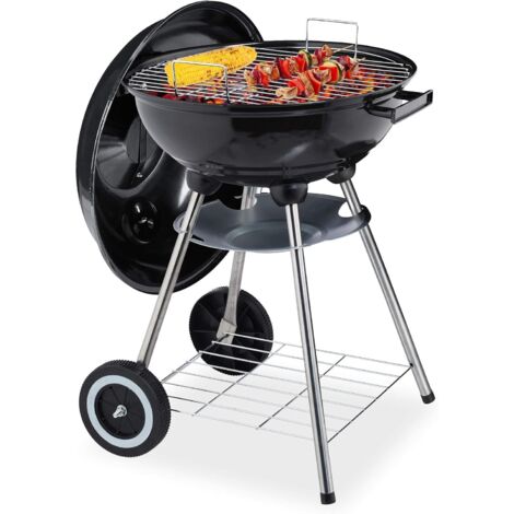 Barbecue tondo, con supporti e posacenere, portatile, per giardino e campeggio, a carbonella, nero, 40 cm