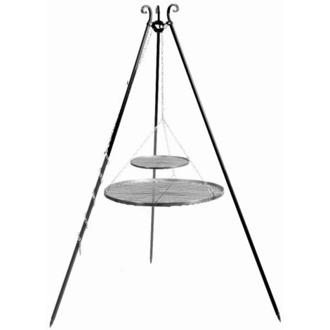 Barbecue Treppiede da 180 cm con 2 griglie in acciaio naturale da 80 cm + 40 cm