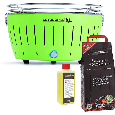 Barbecue Verde XL con Batterie e Cavo di Alimentazione USB + 2.5Kg di Carbonella di Faggio + Gel Combustibile 500ml -Lotus Grill