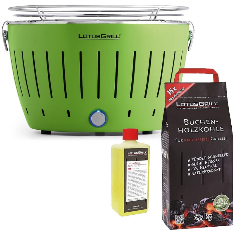Lotus Grill - Barbecue vert avec piles et câble d'alimentation usb + 2,5 kg de charbon de bois de hêtre + gel combustible 500 ml
