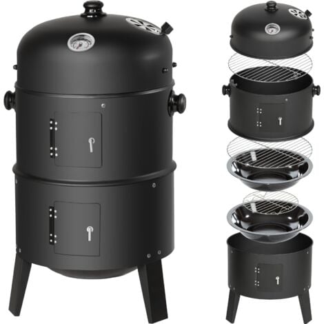 Barbecue charbon avec thermomètre - barbecue multifonctions, grill, smoker avec thermometre de température - noir