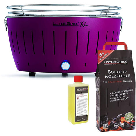 Barbecue Viola XL con Batterie e Cavo di Alimentazione USB + 2.5Kg di Carbonella di Faggio + Gel Combustibile 500ml -Lotus Grill