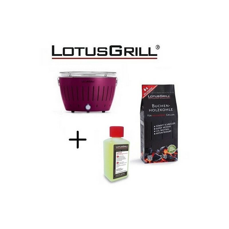 Lotus Grill - Barbecue Violet avec Piles et Câble d'Alimentation usb + 1Kg de Charbon de Bois de Hêtre + Gel Combustible Inodore pour Barbecue 200ml