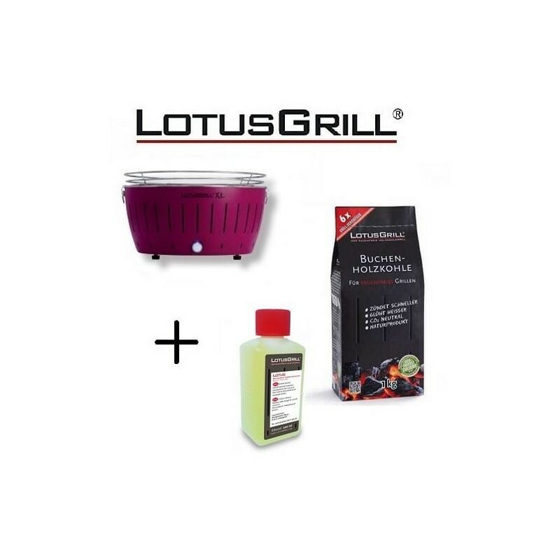 Lotus Grill - Barbecue Violet xl avec Piles et Câble d'Alimentation usb + 1Kg de Charbon de Hêtre + Gel Combustible Inodore pour Barbecue 200ml