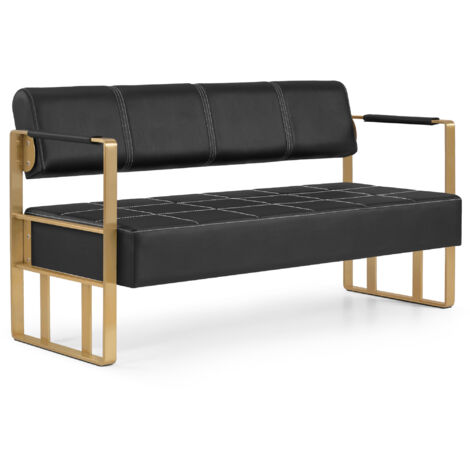 BarberPub 3-Sitzer Sitzbank mit goldenen Armlehne, Polsterbank mit Rückenlehne, Wartebank Friseur, Wohnzimmerbank, Friseureinrichtung W528 (Schwarz-Gold/Kunstleder)