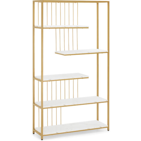 BarberPub Bücherregal, Standregal mit 5 Ebenen, Büroregal mit Metallrahmen, Regal für Büro, Wohnzimmer, Schlafzimmer, Küche, Nagelstudio, Marmor-Weiß Gold, 30x100x180cm, 5177