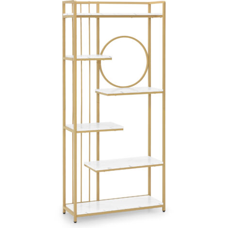 BarberPub Bücherregal, Standregal mit 6 Ebenen, Büroregal mit Metallrahmen, Regal für Büro, Wohnzimmer, Schlafzimmer, Küche, Nagelstudio, Marmor-Weiß Gold, 5180