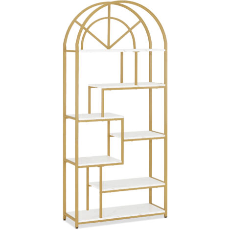 BarberPub Bücherregal, Standregal mit 7 Ebenen, Büroregal mit Metallrahmen, Regal für Büro, Wohnzimmer, Schlafzimmer, Küche, Nagelstudio, Marmor-Weiß Gold, 30x80x180cm, 5183