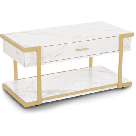 BarberPub Couchtisch Gold, Beistelltisch mit Schublade, Sofatisch mit 2 Ablagen, Moderner Wohnzimmertisch Metall, Kaffeetisch für Wohnzimmer, Schönheitssalon, Marmor-Weiß, 50x100,5x48cm, 2141