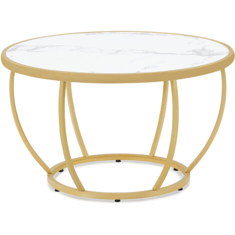 BarberPub Couchtisch Rund Holz, Moderner Sofatisch, Kleiner Beistelltisch Metall, Kaffeetisch für Wohnzimmer, Schönheitssalon, Wohnzimmertisch Marmor-Weiß Gold, 80x80x46,5cm, 2185