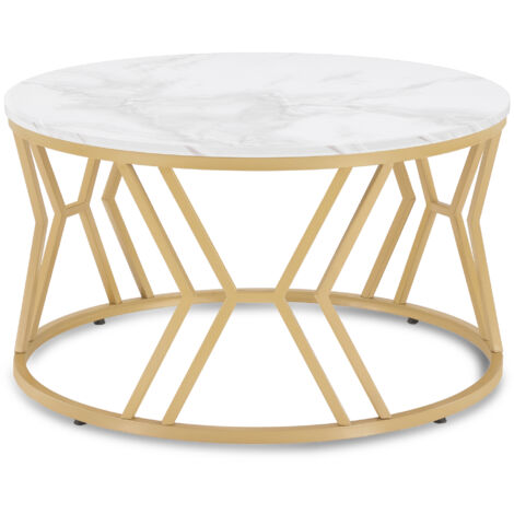 BarberPub Couchtisch Rund Holz, Moderner Sofatisch, Kleiner Beistelltisch Metall, Kaffeetisch für Wohnzimmer, Schönheitssalon, Wohnzimmertisch Marmor-Weiß Gold, 80x80x46cm, 2115