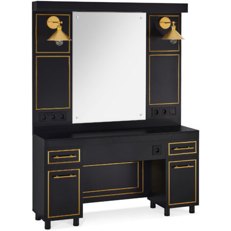 BarberPub Friseurplatz mit 2 Schubladen, Schminktisch mit Spiegel, Bedienungsplatz mit 2 Schränken, Spiegelschrank aus Holz, Spiegeltisch Modern, Friseureinrichtung, 3161 (Schwarz-Gold)
