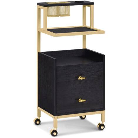 BarberPub Friseurwagen mit Rollen & 2 Schubladen, Rollwagen Servierwagen Schwarz-Gold, Salon Trolley mit 2 Ablagen & Föhnhalter, Moderner Arbeitswagen für Bad Wohnzimmer, 0029