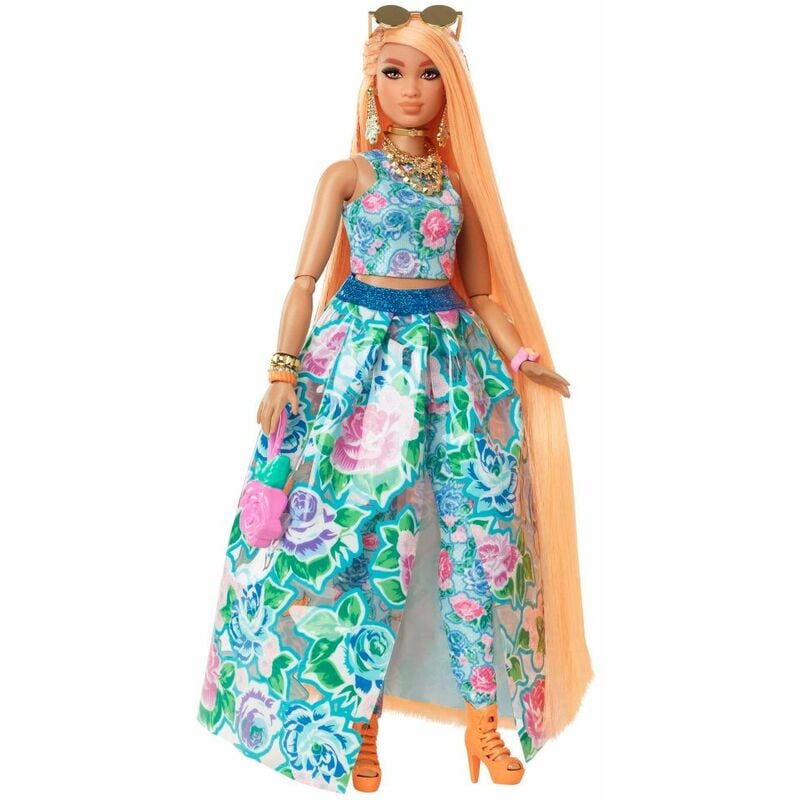 Image of Barbie Extra Fancy Bambola con capelli lunghissimi indossa un completo floreale con articolazioni snodate - Multicolor