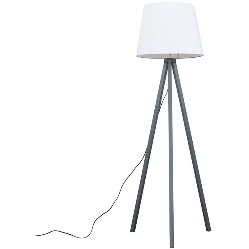 Floor Lamp Modern Wooden Tripod Light in Grey with Tapered Shade - White + led Bulb