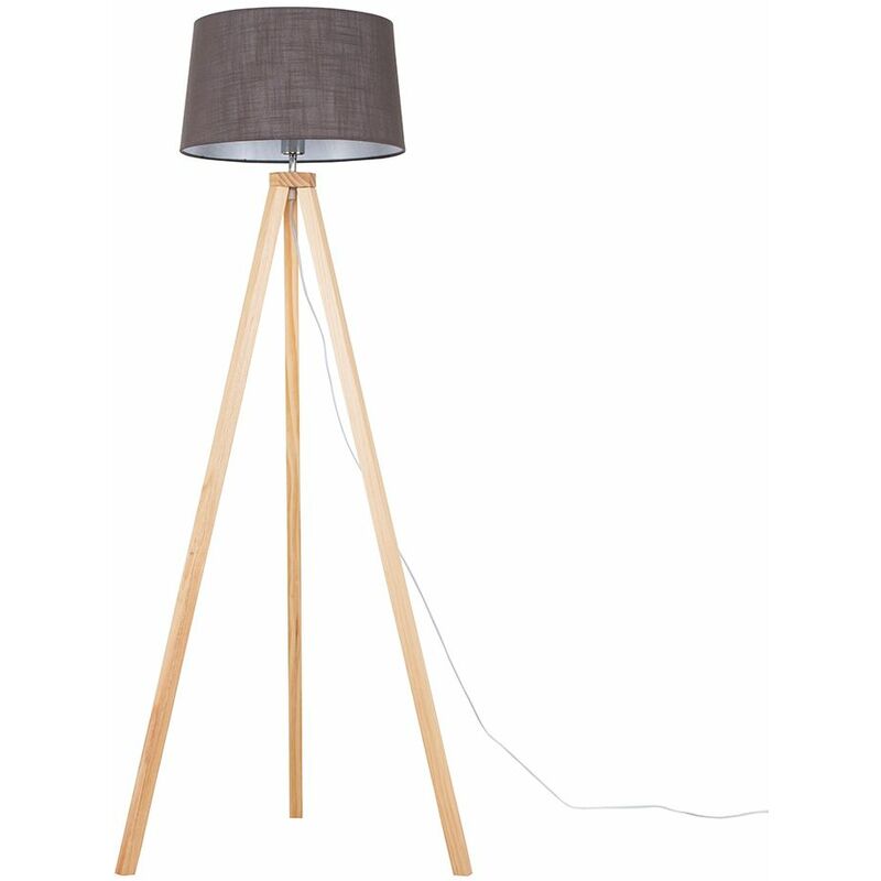 Minisun - Barbro Tripod Floor Lamp in Light Wood with Doretta Shade - Dark Grey - No Bulb