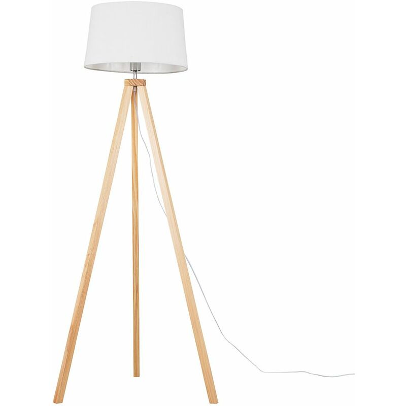 Minisun - Barbro Tripod Floor Lamp in Light Wood with Doretta Shade - White - Including LED Bulb
