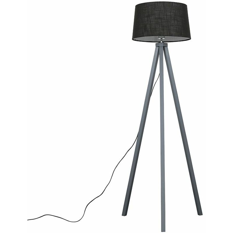 Minisun - Wooden Tripod Floor Lamp in Grey with Doretta Shade - Black - No Bulb
