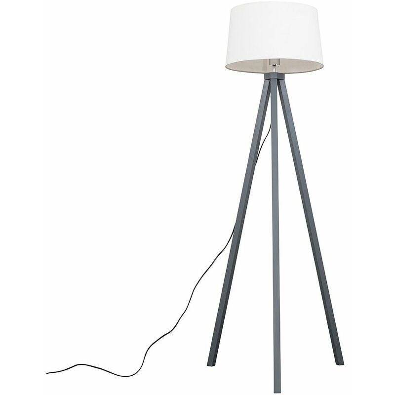 Minisun - Wooden Tripod Floor Lamp in Grey with Doretta Shade - White - No Bulb