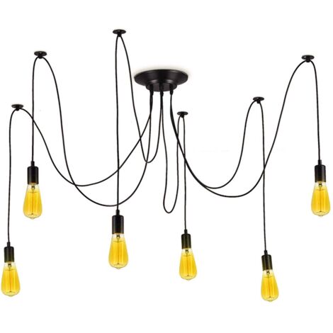 Barcellona Lampada a sospensione a LED nera sospesa Stile vintage retrò con portalampada E27 a LED a 6 bracci, per soffitto Sala da pranzo Soggiorno Cucina Sala da pranzo Bar