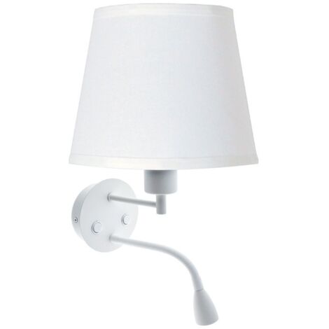Barcelona Led – Applique murale chambre E27 avec liseuse LED 3W – Abat-jour tissu blanc – Spot réglable pour lecture – Dimensions Ø 220 x 450 mm