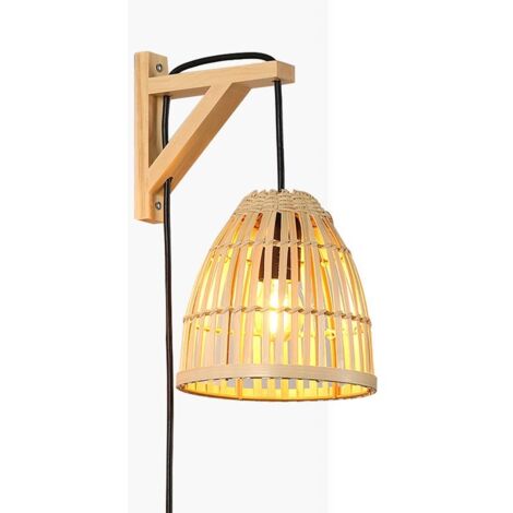 Barcelona Led – Applique murale en bois et abat-jour en bambou CESTA – Noir boho chic – Dimensions abat-jour ø 170 x 180 mm – Type d'ampoule E27