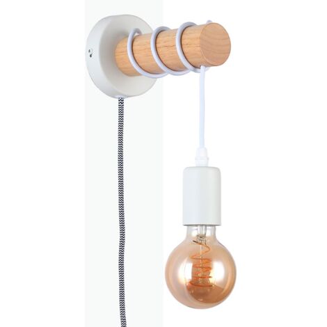 Barcelona Led – Applique murale LED en bois massif – Prise et interrupteur – Câble tressé 160cm – Douille E27 – Style vintage blanc