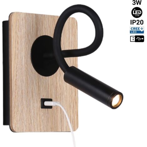 Barcelona Led – Applique murale LED flexible avec port USB – Puce Cree 3W – Lumière blanc chaud 2800K – Bras ajustable en aluminium – Base en bois