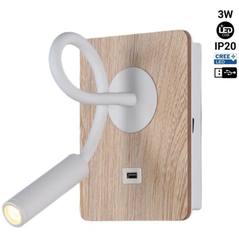 Barcelona Led – Applique murale LED flexible avec port USB – Puce CREE – Lumière blanc chaud 2800K – Bras ajustable en aluminium – Base en bois