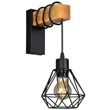 BARCELONA LED Applique murale vintage avec 1 ampoule design industriel, lampe rétro en acier et bois, blanc, marron, culot E27 LM135-NFBM Noir