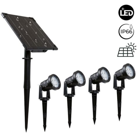 Barcelona Led – Lot de 4 spots LED sur piquet avec panneau solaire 5W – IP66 – Blanc chaud – Capteur crépusculaire – Orientation 150°