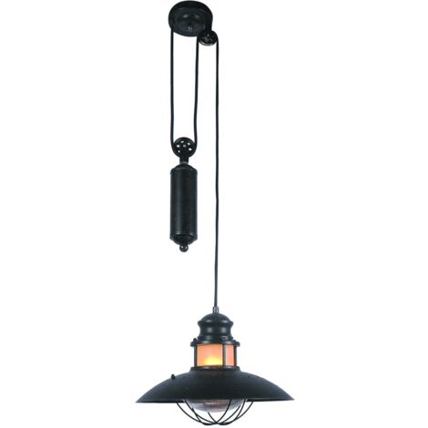 Barcelona Led – Suspension à poulie E27 en métal noir vieilli – Système de poulie pour hauteur réglable – Éclairage décoratif professionnel et domestique