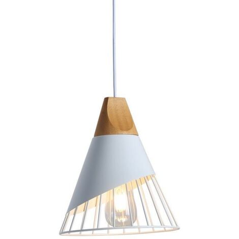 Barcelona Led – Suspension scandinave en métal et bois blanc – Dimensions 270x230mm – Câble réglable 940mm – Douille E27 pour ampoule